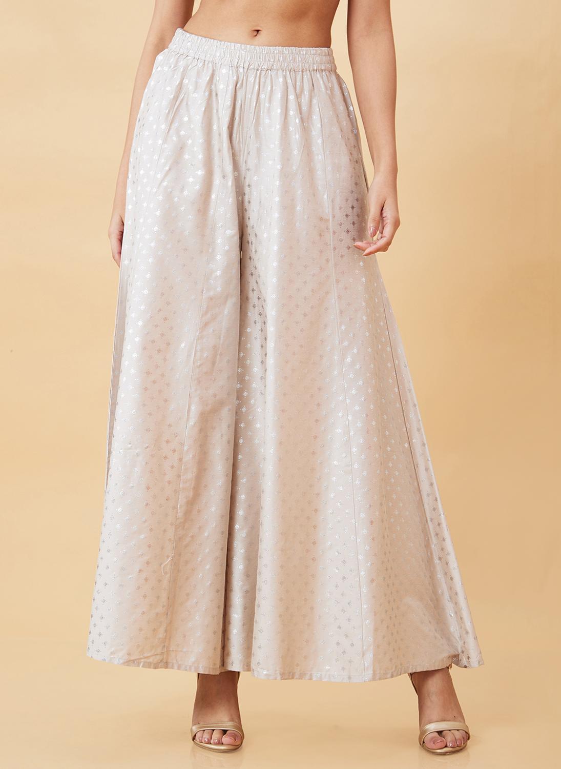 Globus Women's Palazzos Taupe Festive with Ethnic Motifs and Flared Design